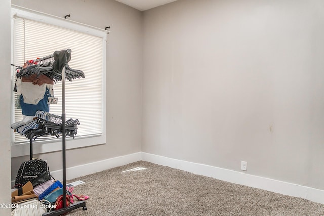 exercise area with baseboards and carpet flooring