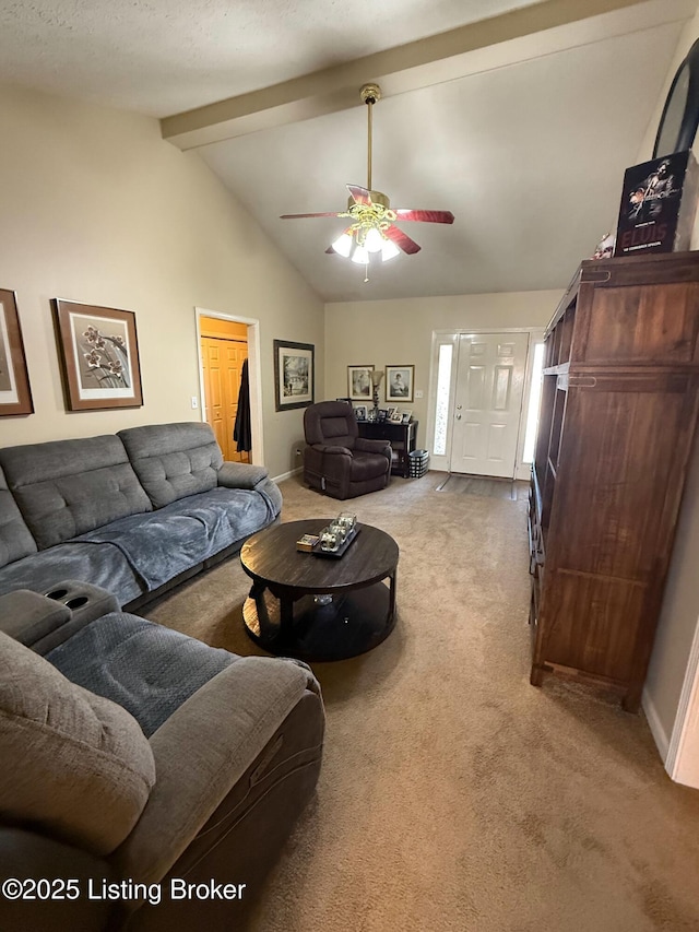 carpeted living room with ceiling fan, baseboards, high vaulted ceiling, beam ceiling, and a textured ceiling