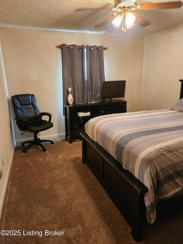 bedroom featuring baseboards, carpet, a ceiling fan, and a textured ceiling