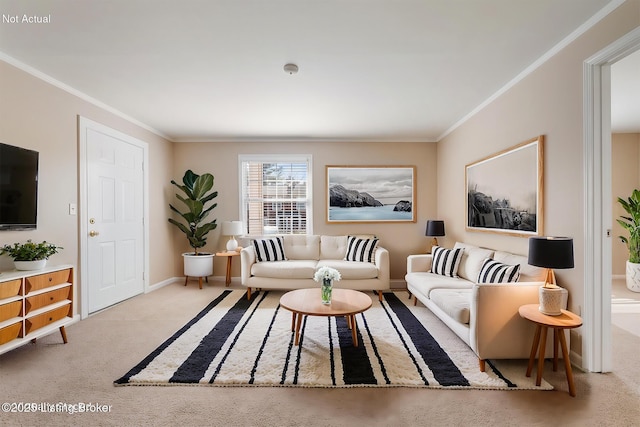 carpeted living room featuring crown molding and baseboards