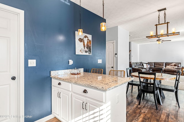 kitchen with ceiling fan, a textured ceiling, and dark wood-style floors