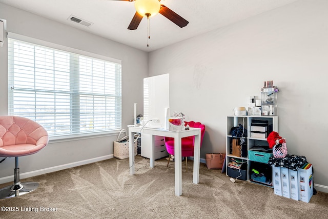 game room with visible vents, ceiling fan, baseboards, and carpet floors