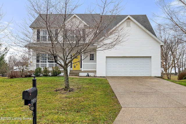 traditional-style home with roof with shingles, covered porch, a front lawn, concrete driveway, and a garage