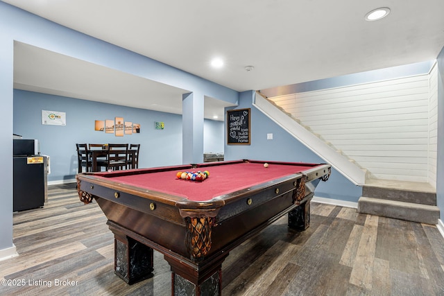 rec room with recessed lighting, baseboards, wood finished floors, and billiards