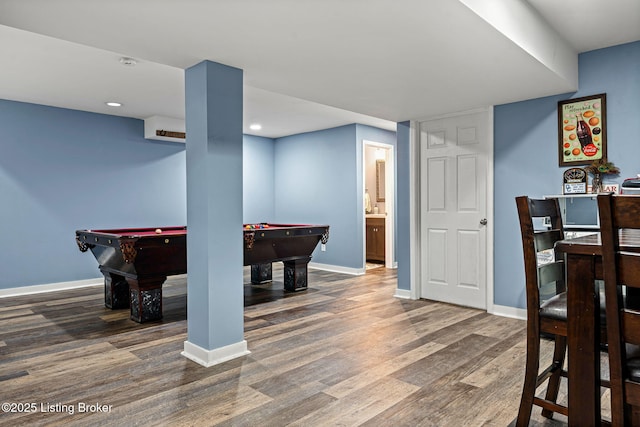 rec room with recessed lighting, pool table, baseboards, and wood finished floors