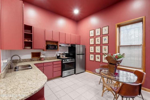 kitchen with open shelves, a sink, under cabinet range hood, appliances with stainless steel finishes, and red cabinets