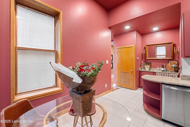 interior space featuring visible vents, open shelves, light tile patterned flooring, recessed lighting, and dishwasher