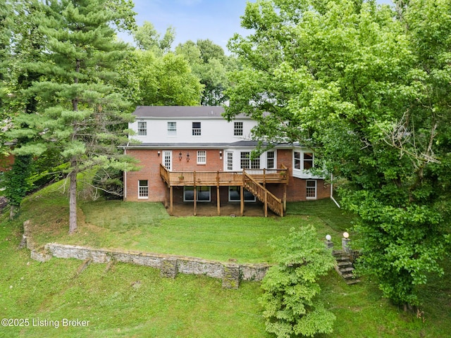 602 Club Ln, Louisville, KY 40207 - back of property with stairs, brick siding, a deck, and a lawn