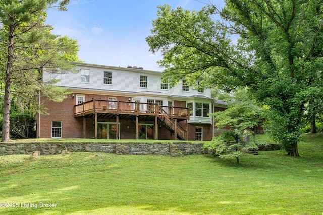 602 Club Ln, Louisville, KY 40207 - rear view of house with a wooden deck, brick siding, a yard, and stairs