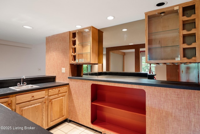 602 Club Ln, Louisville, KY 40207 - kitchen with open shelves, dark countertops, recessed lighting, and light tile patterned floors