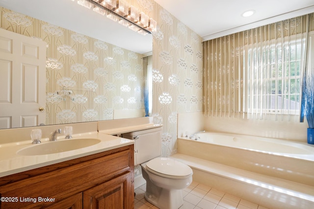 602 Club Ln, Louisville, KY 40207 - full bath featuring wallpapered walls, a garden tub, vanity, and tile patterned floors