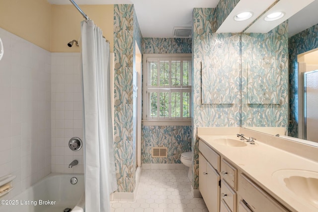 602 Club Ln, Louisville, KY 40207 - full bathroom with wallpapered walls, tile patterned flooring, shower / bath combo with shower curtain, and double vanity