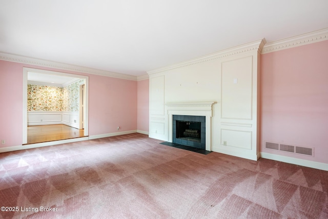 602 Club Ln, Louisville, KY 40207 - unfurnished living room with carpet flooring, crown molding, a fireplace, and wainscoting