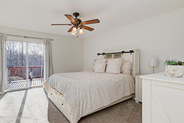 bedroom with carpet floors, access to exterior, and a ceiling fan