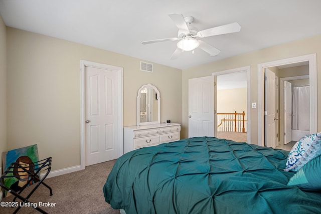 bedroom with light carpet, visible vents, a ceiling fan, and baseboards