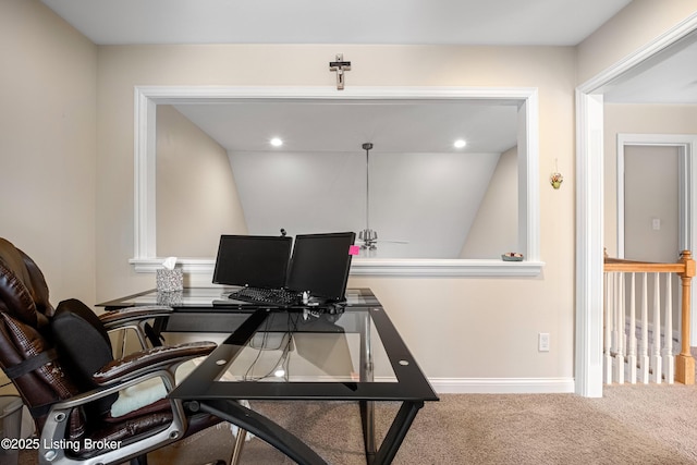 home office featuring recessed lighting, baseboards, and carpet floors