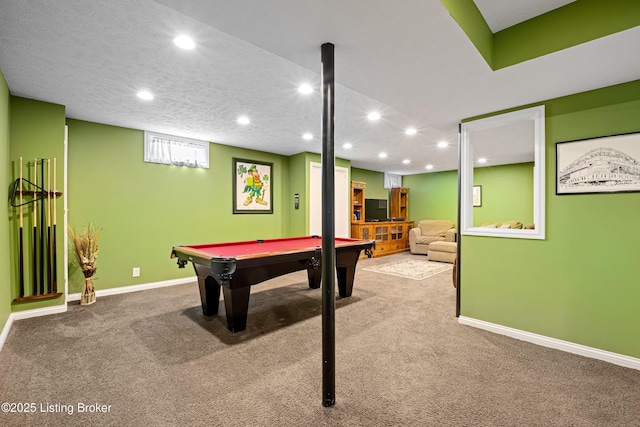 recreation room with baseboards, carpet floors, recessed lighting, pool table, and a textured ceiling