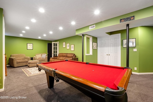 game room featuring visible vents, a textured ceiling, recessed lighting, carpet, and baseboards