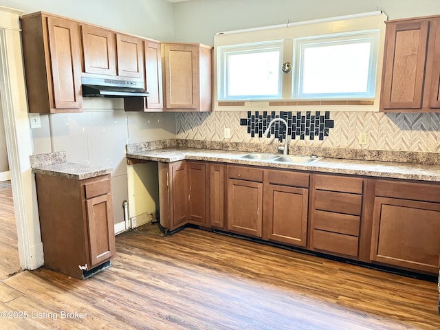 kitchen featuring under cabinet range hood, decorative backsplash, wood finished floors, and a sink