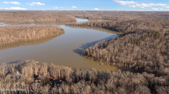 aerial view featuring a wooded view and a water view