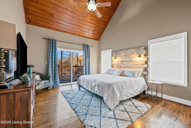 bedroom with baseboards, wood ceiling, wood finished floors, and access to outside