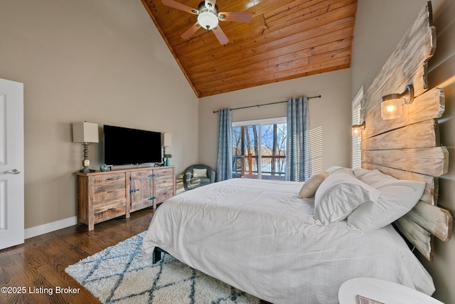 bedroom featuring wood finished floors, baseboards, high vaulted ceiling, ceiling fan, and wooden ceiling