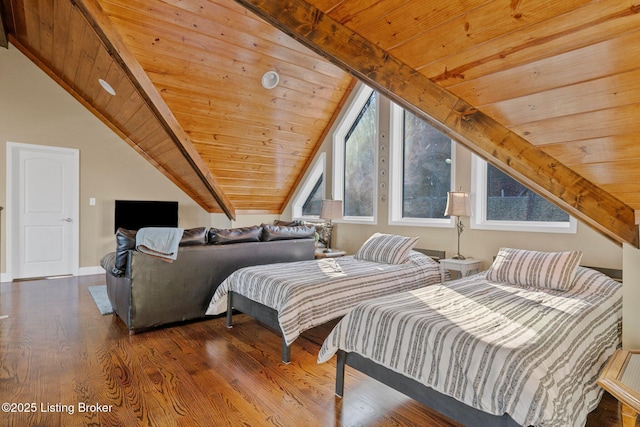 bedroom featuring lofted ceiling with beams, wood finished floors, baseboards, and wooden ceiling