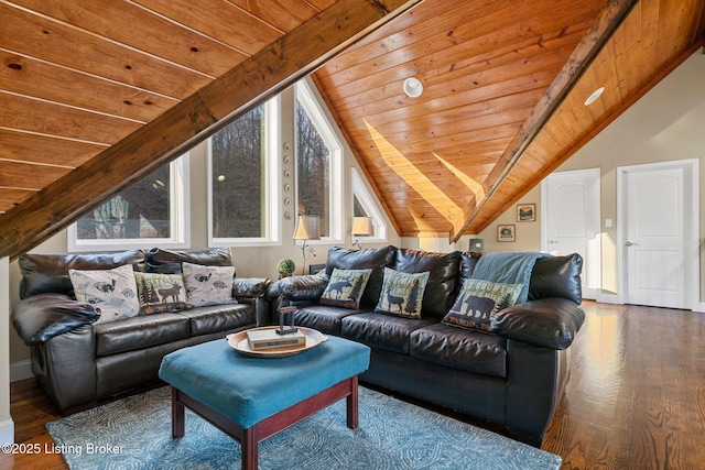 living room with wooden ceiling, lofted ceiling with beams, baseboards, and wood finished floors