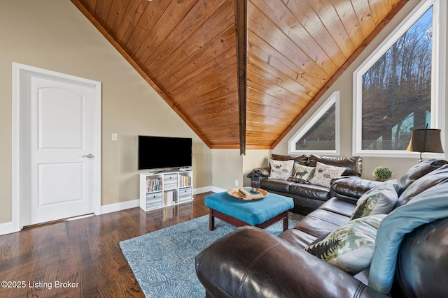 living room featuring baseboards, lofted ceiling, wood finished floors, and wooden ceiling