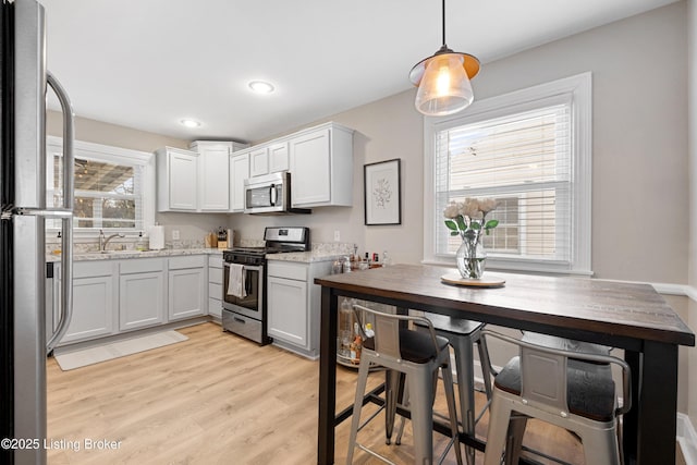 kitchen with a wealth of natural light, appliances with stainless steel finishes, a sink, and light wood finished floors