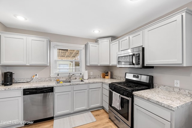 kitchen featuring a sink, white cabinetry, recessed lighting, stainless steel appliances, and light wood-style floors