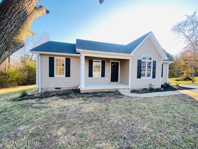 single story home with crawl space, a porch, and a front yard