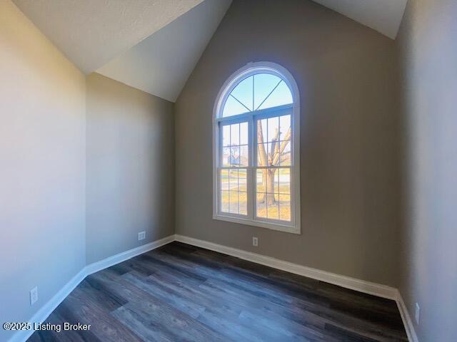 spare room featuring dark wood-type flooring, baseboards, and vaulted ceiling