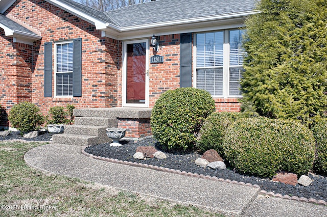 entrance to property featuring brick siding and roof with shingles