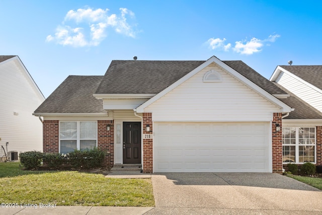 view of front facade featuring brick siding, an attached garage, driveway, and roof with shingles