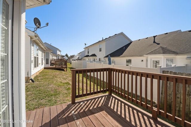 wooden terrace with a residential view, a lawn, and fence private yard