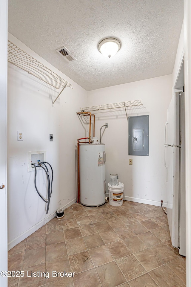 washroom with visible vents, electric panel, electric water heater, hookup for a washing machine, and laundry area