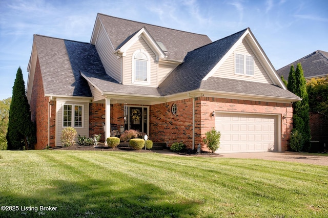 view of front facade featuring a front lawn, a garage, brick siding, and roof with shingles