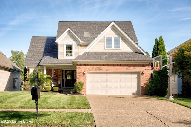 view of front of house with brick siding, a shingled roof, concrete driveway, a front yard, and a garage