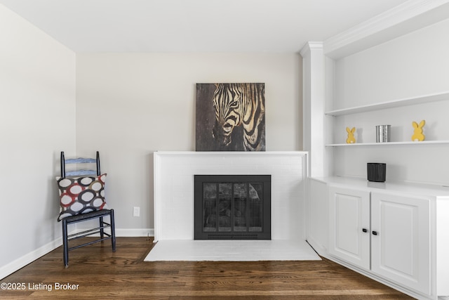 living room with dark wood-style floors, a fireplace, and baseboards