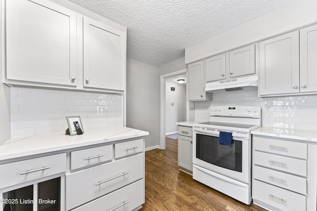 kitchen with dark wood-type flooring, electric stove, under cabinet range hood, tasteful backsplash, and a textured ceiling