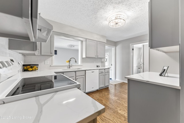 kitchen featuring dishwasher, light countertops, gray cabinets, and a sink