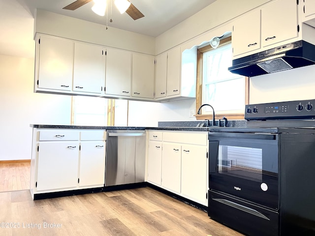 kitchen with under cabinet range hood, black / electric stove, light wood-style floors, and dishwasher