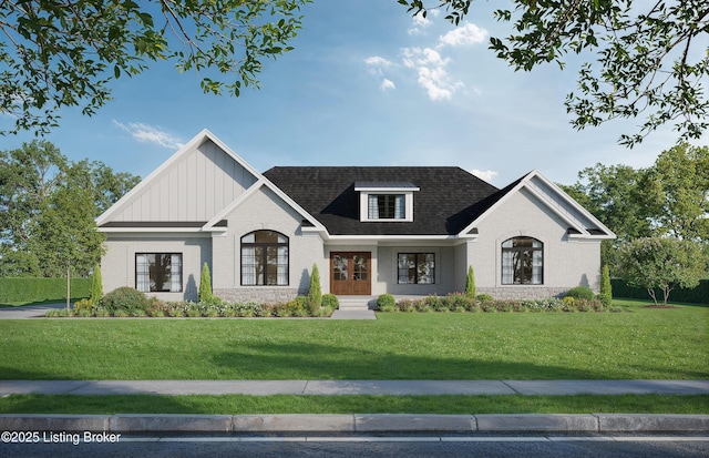 view of front of house featuring brick siding, board and batten siding, a front lawn, and a shingled roof