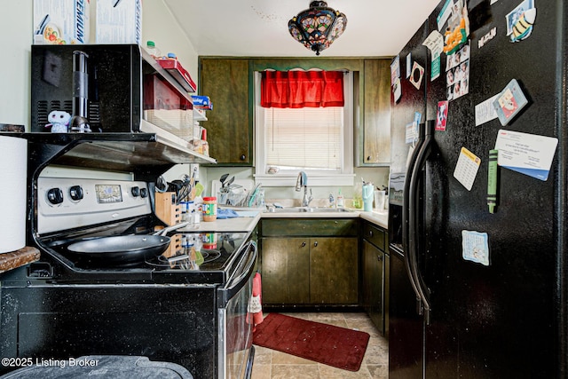 kitchen featuring a sink, light countertops, stainless steel electric range, and black refrigerator with ice dispenser