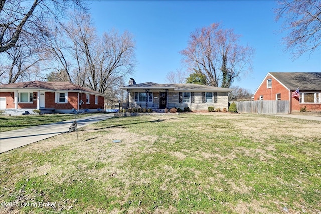 ranch-style home featuring concrete driveway, a chimney, a front yard, and fence