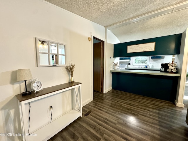 kitchen with visible vents, a textured ceiling, dark wood finished floors, and vaulted ceiling