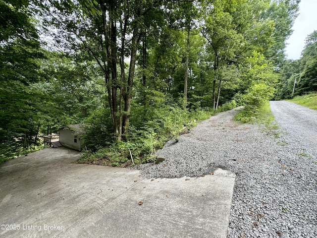 view of road with gravel driveway