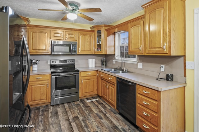 kitchen with a sink, a textured ceiling, appliances with stainless steel finishes, ceiling fan, and dark wood-style flooring