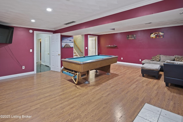 playroom featuring visible vents, ornamental molding, billiards, wood finished floors, and baseboards